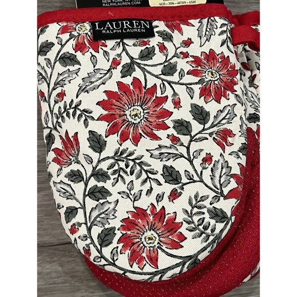 RALPH LAUREN  MINI Oven MITTS Gloves Silicone Grip Red Floral Set Of 2 Christmas - Picture 2 of 3